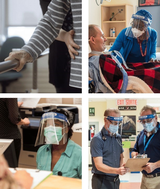 Quatre photos de patients recevant des soins et de personnel de santé travaillant.