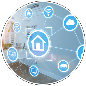 icon of a house connected to icoons of a car, wifi, computer, brain, shower