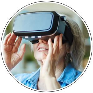 senior woman looks into a virtual reality headset